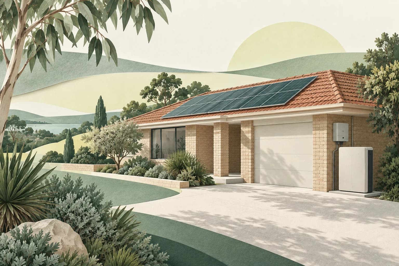 Illustration of a battery added beside an existing solar-powered Perth home.