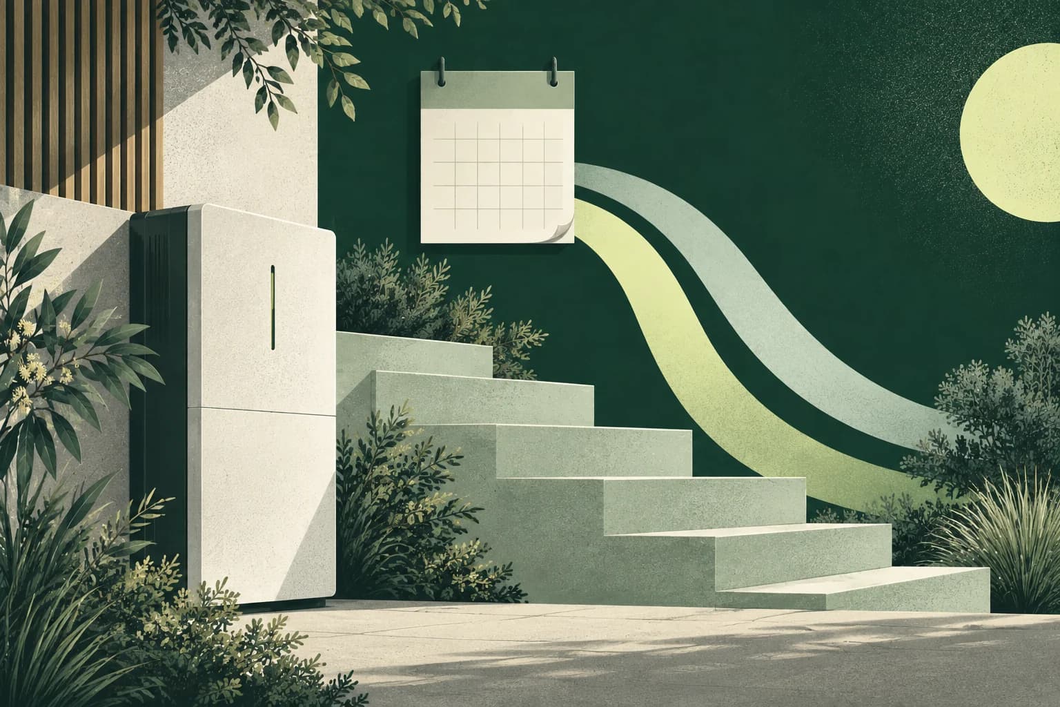 Illustration of a home battery beside descending terraces and a calendar.