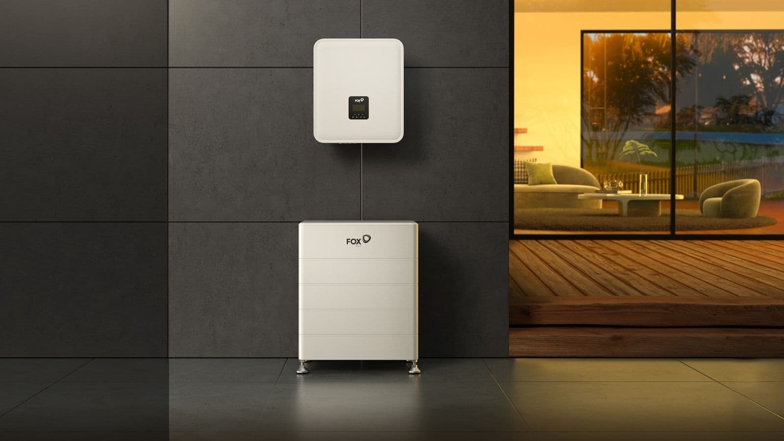 White home battery beneath a wall-mounted inverter beside a warmly lit living room.