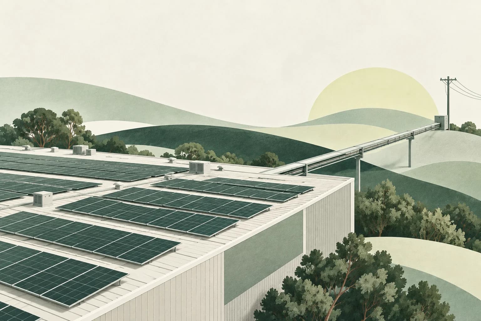 Conceptual illustration of a commercial solar roof and its grid connection.
