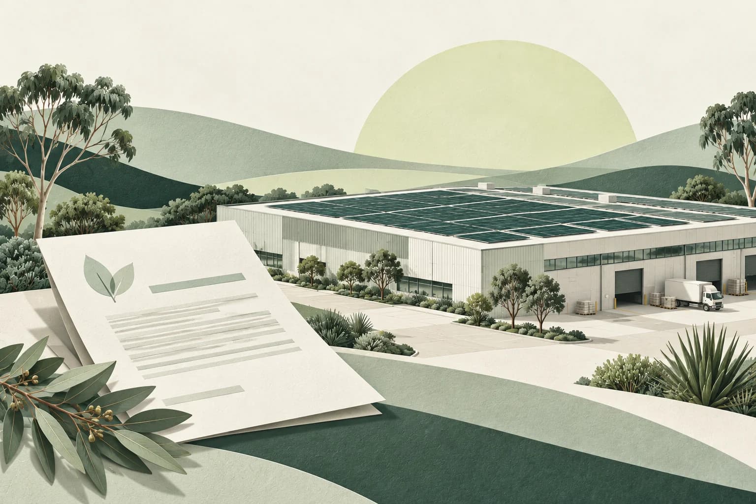 Illustration of commercial rooftop solar beside a project funding document.