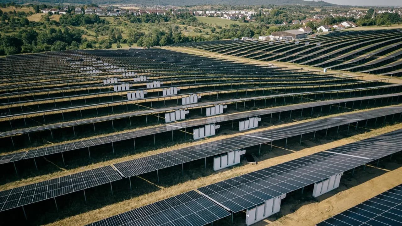 Rows of ground-mounted solar panels with white storage cabinets alongside them.