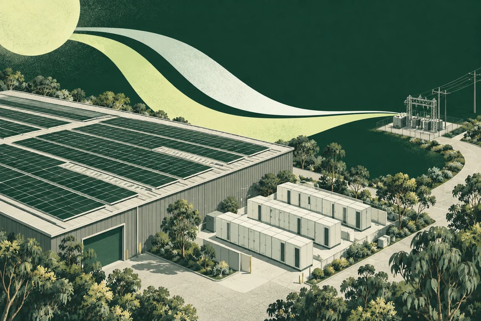 Conceptual illustration of a solar roof and batteries meeting a constrained grid connection.