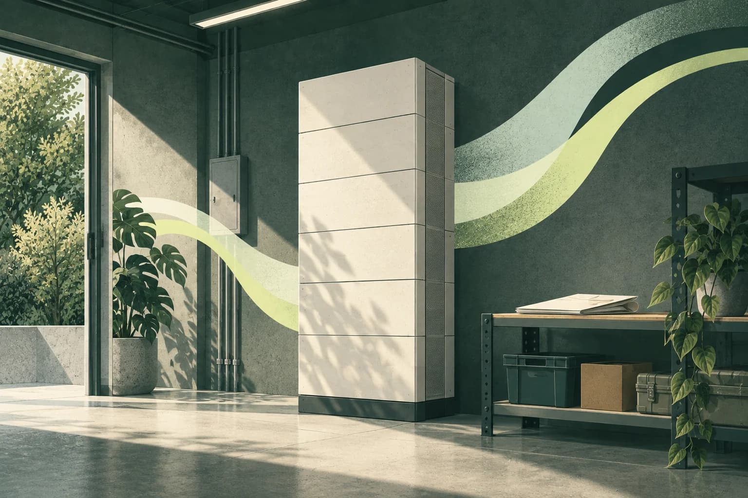 Conceptual illustration of modular commercial battery storage awaiting an approval review.