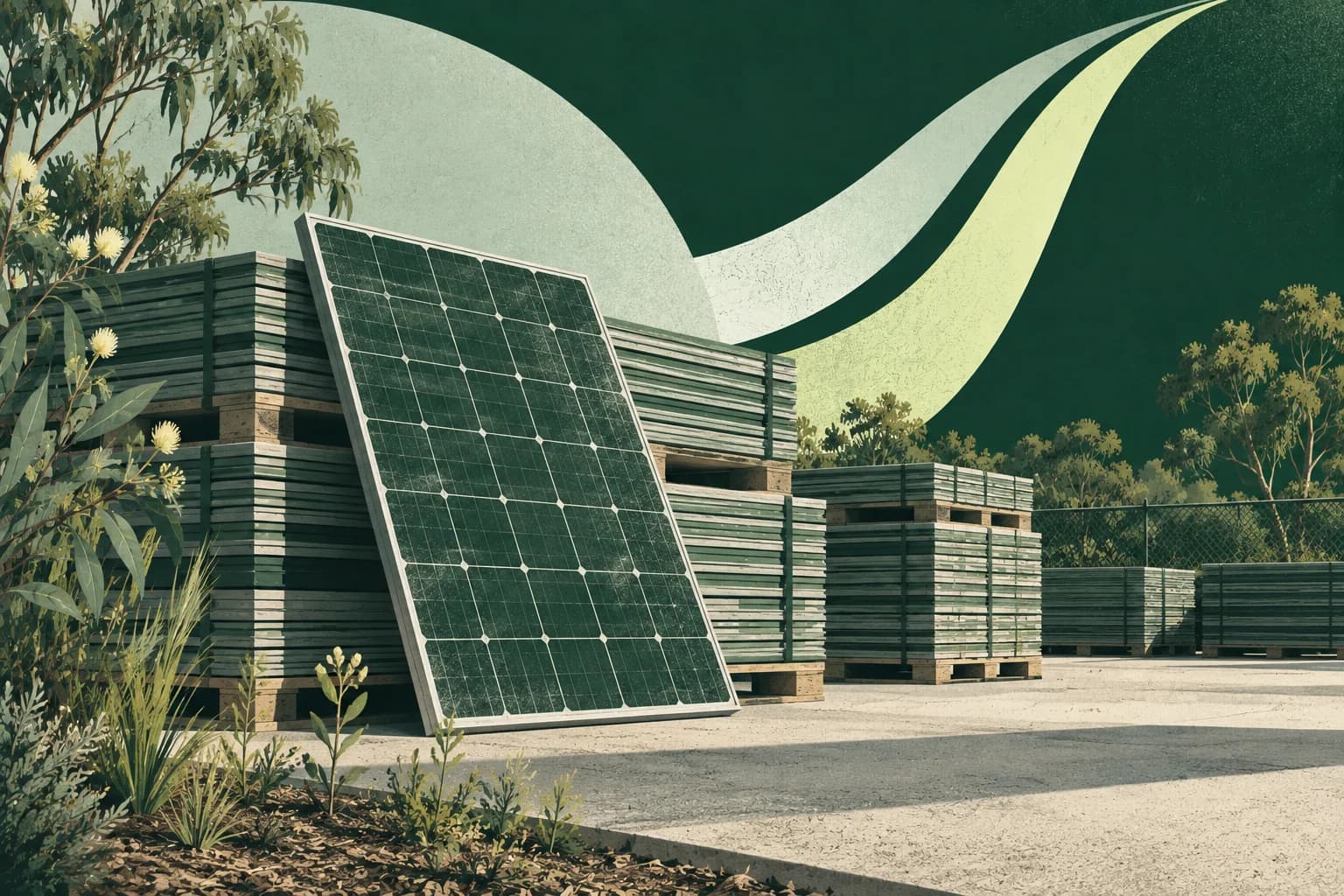 Illustration of retired solar panels stacked for collection.