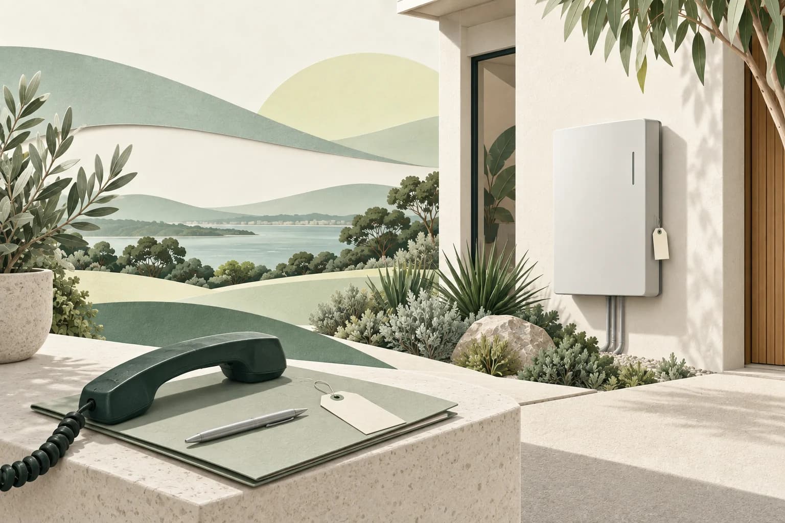 Illustration of a home battery and a telephone for arranging installer support.