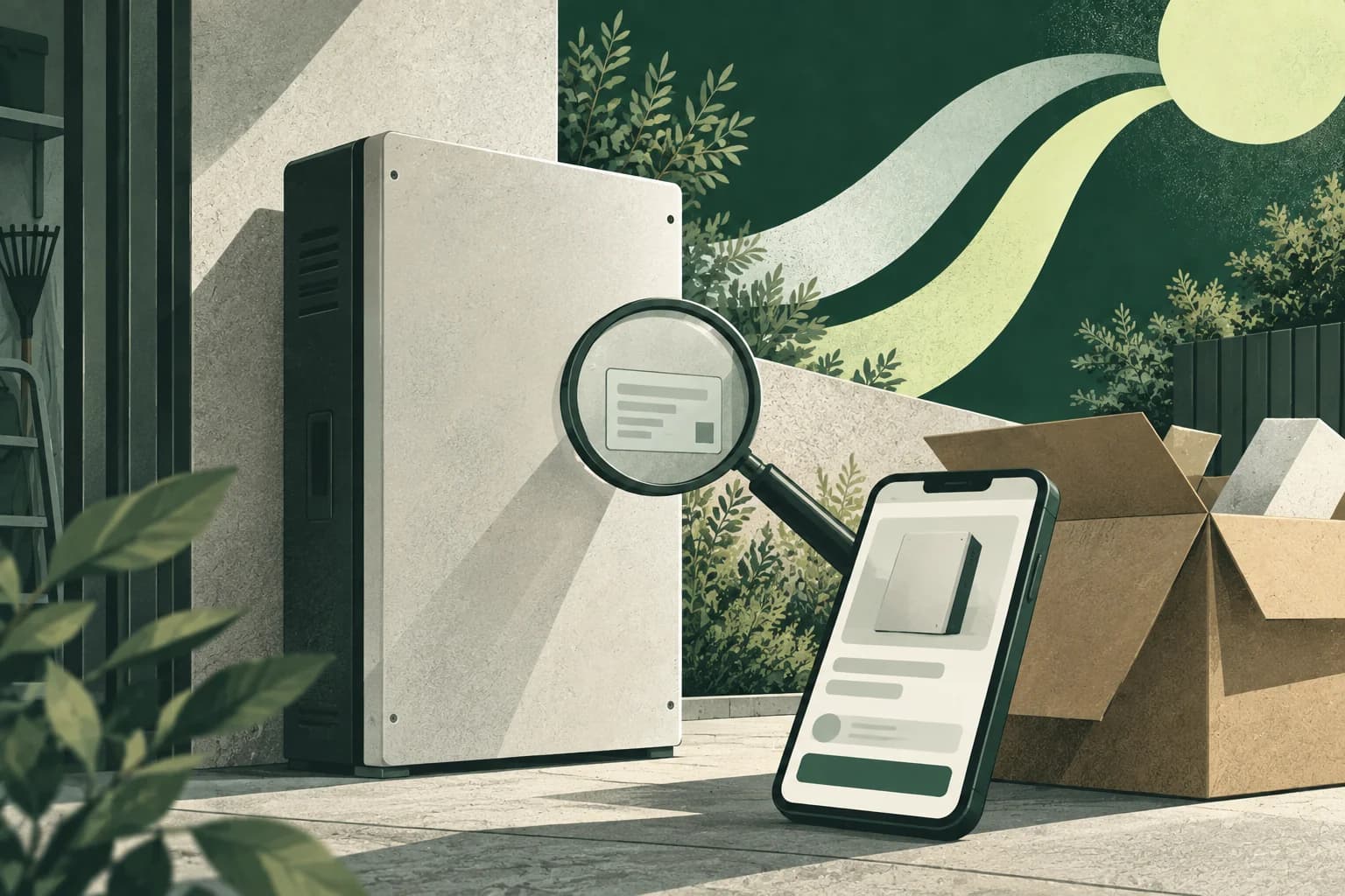 Illustration of a secondhand battery being checked before purchase.