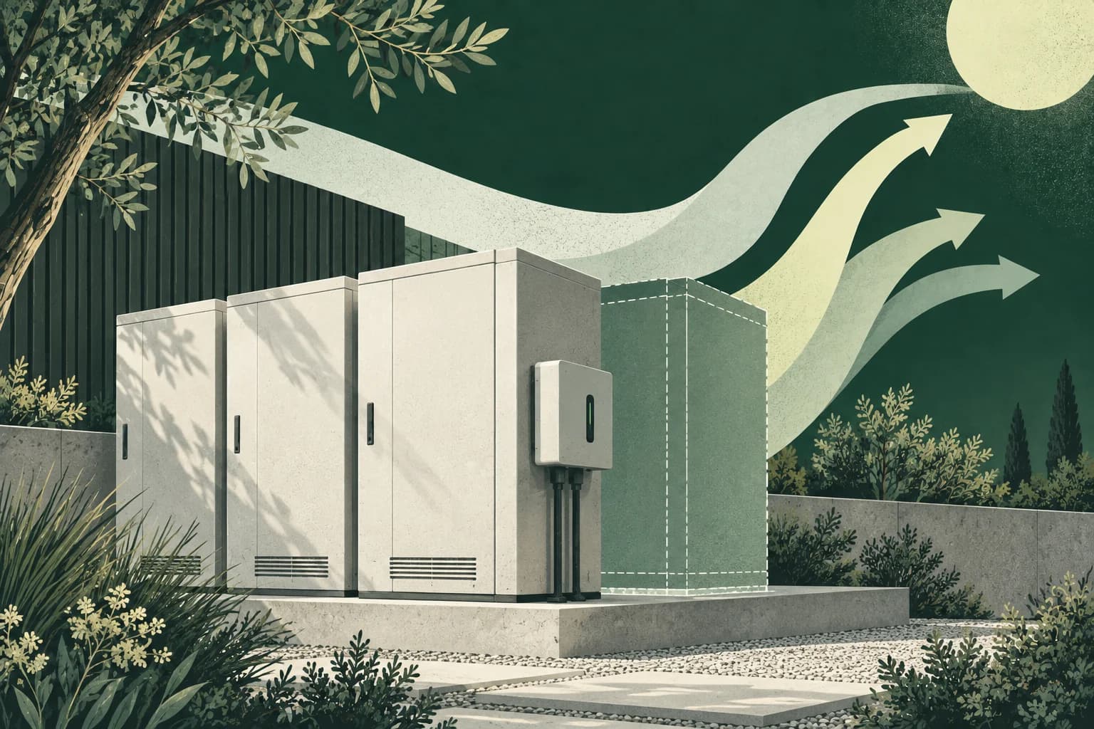 Illustration of a battery controller and modular commercial storage expansion.