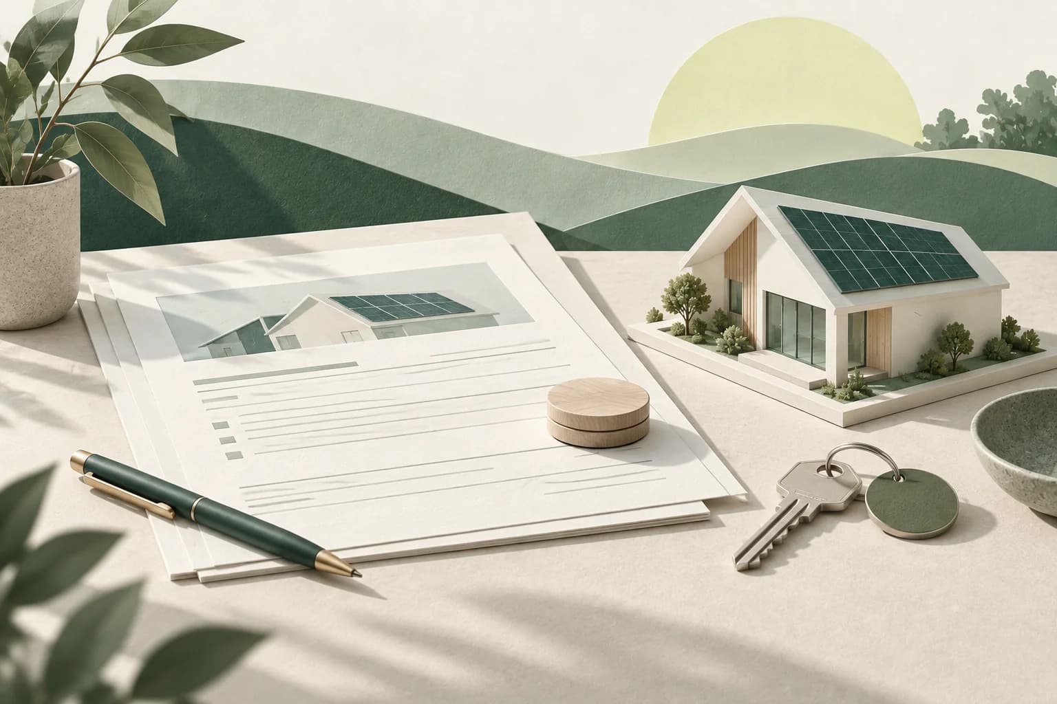 Illustration of a solar quote, payment and home model before purchase.