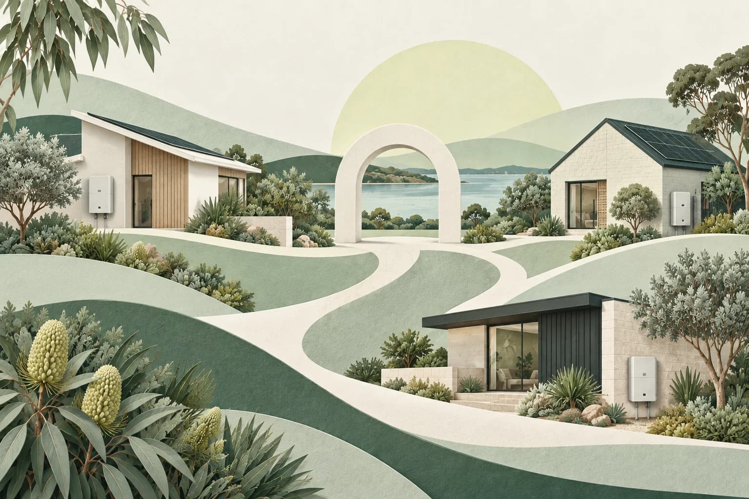 Conceptual illustration of homes and batteries connected through an energy network.
