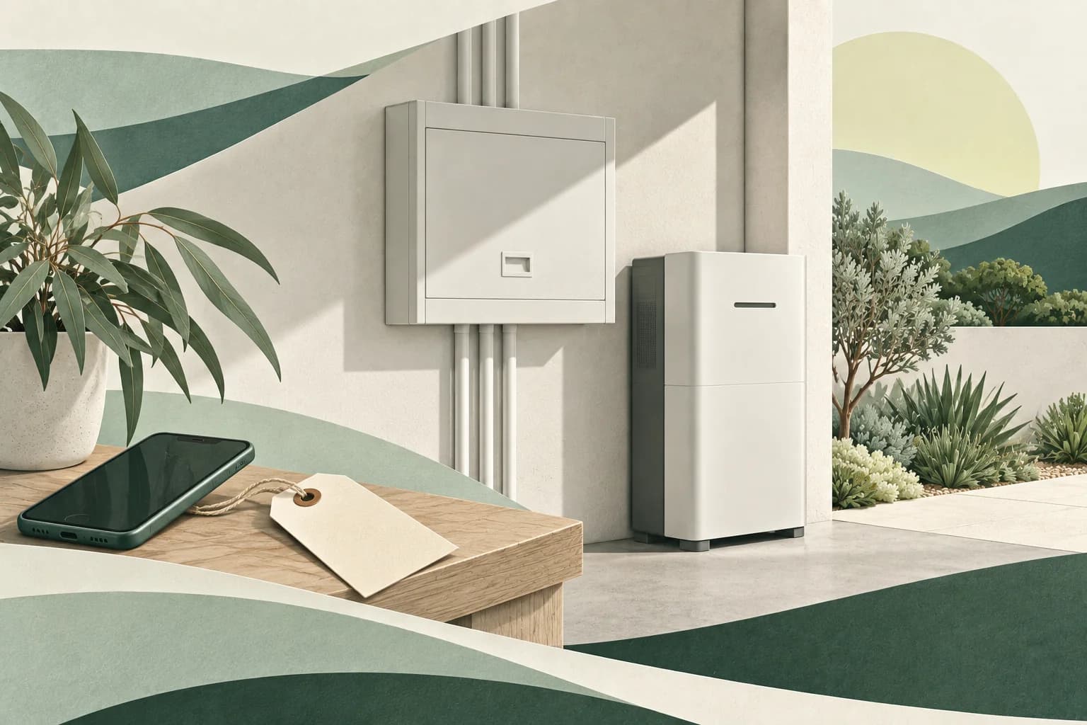 Illustration of a home battery, closed switchboard and a reminder to contact the electrician.