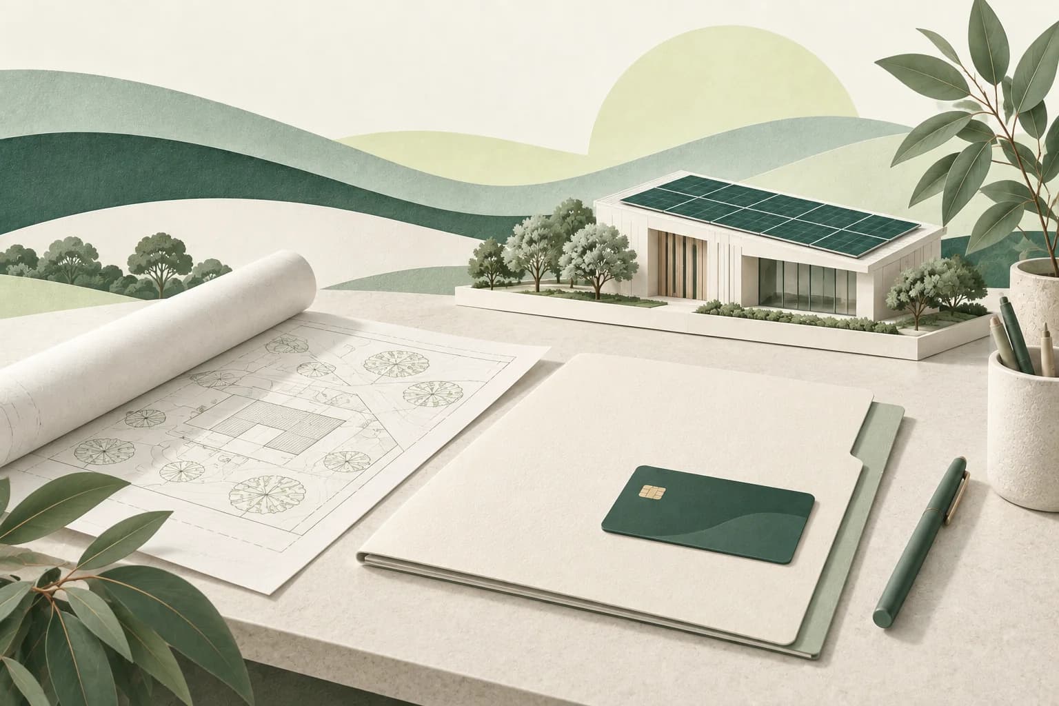 Illustration of a solar connection application, site plan and payment card.
