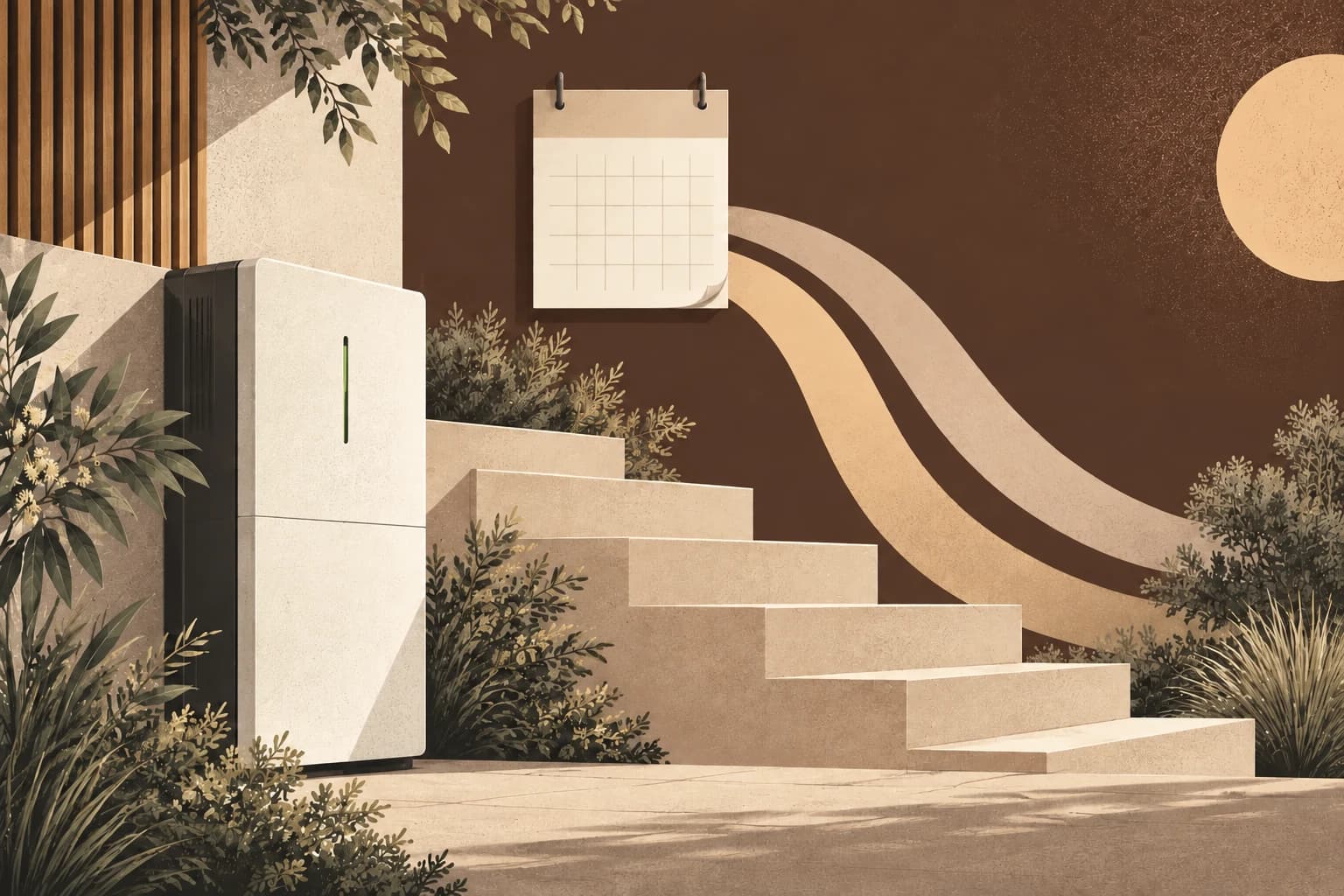Illustration of a home battery beside descending terraces and a calendar.
