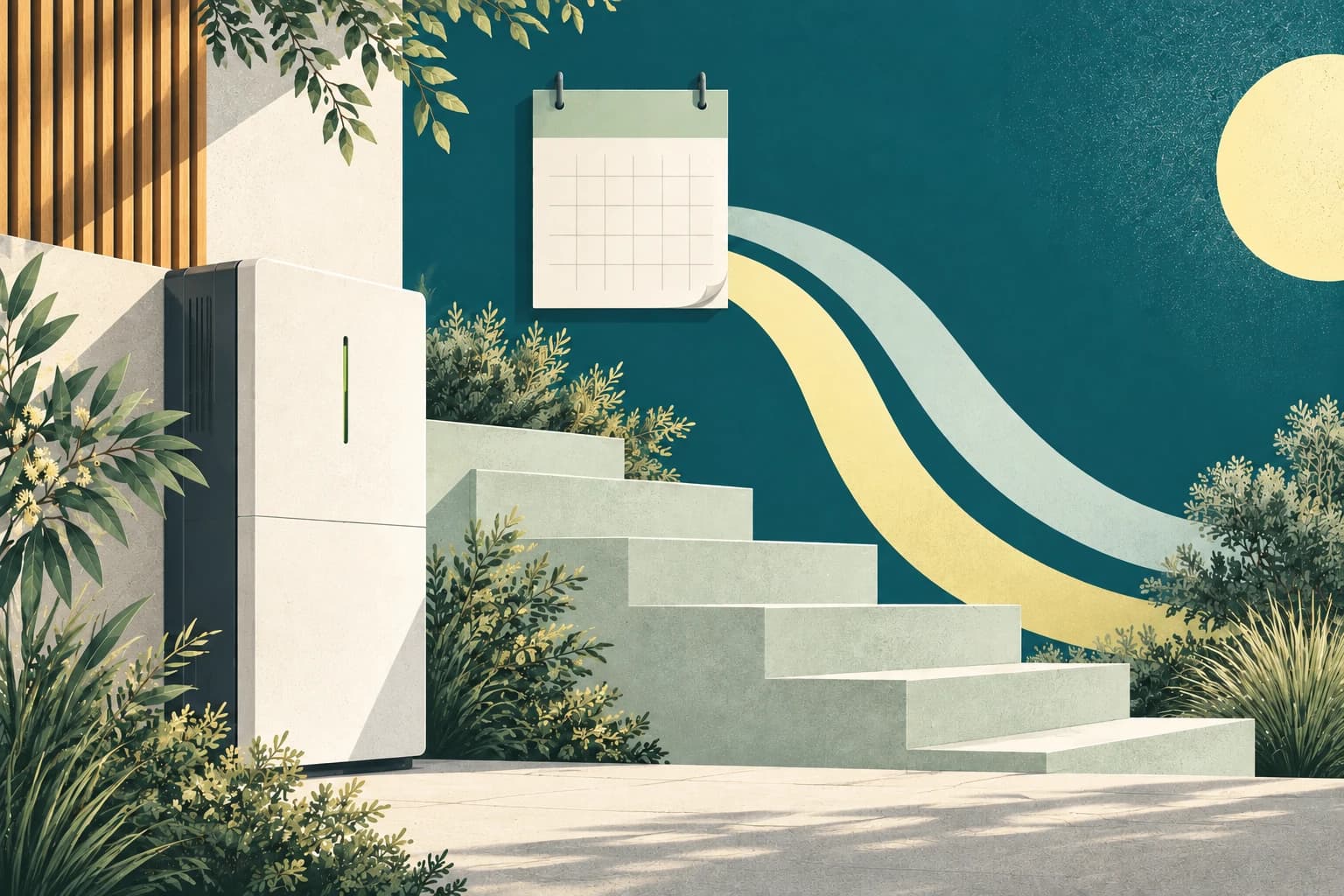 Illustration of a home battery beside descending terraces and a calendar.