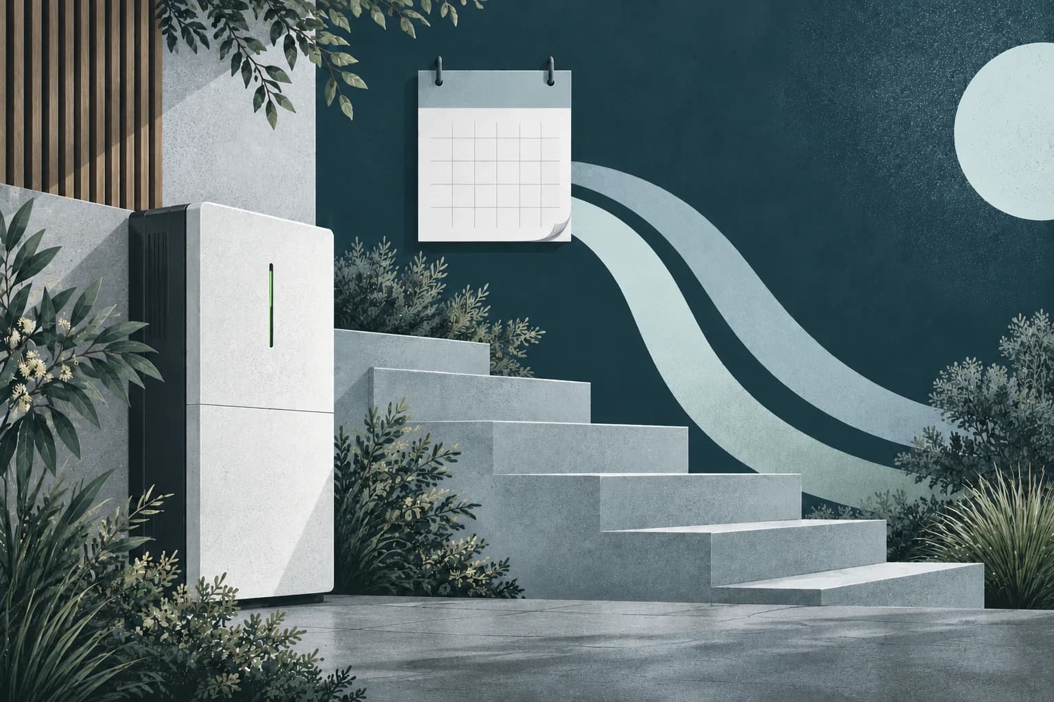 Illustration of a home battery beside descending terraces and a calendar.