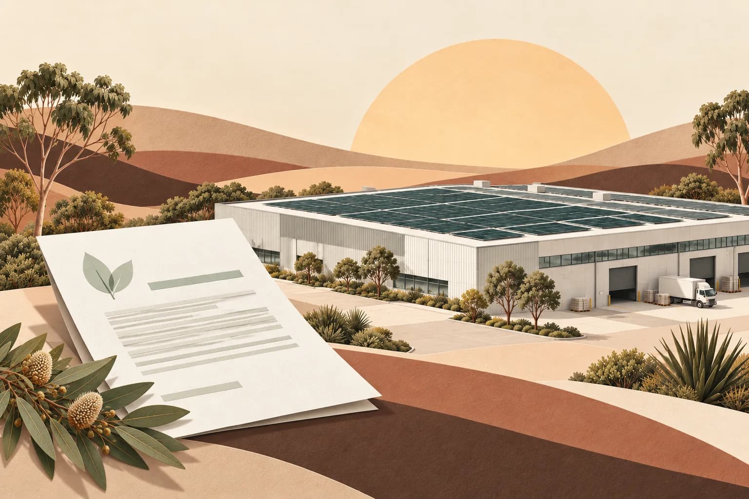 Illustration of commercial rooftop solar beside a project funding document.