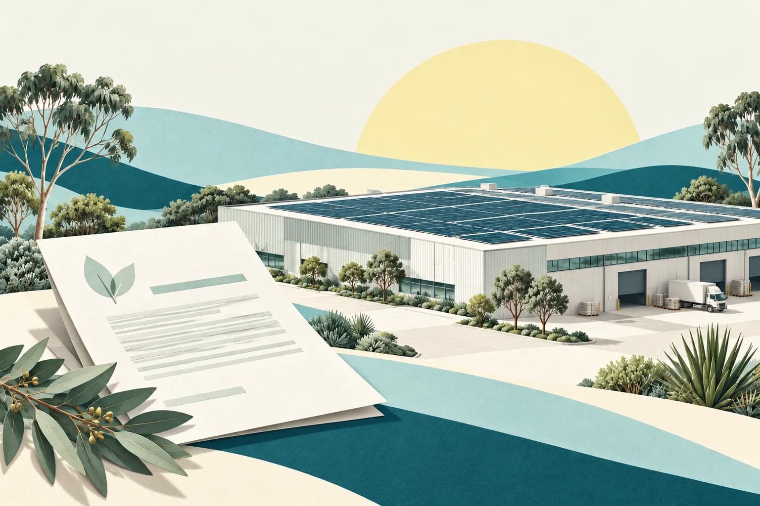 Illustration of commercial rooftop solar beside a project funding document.