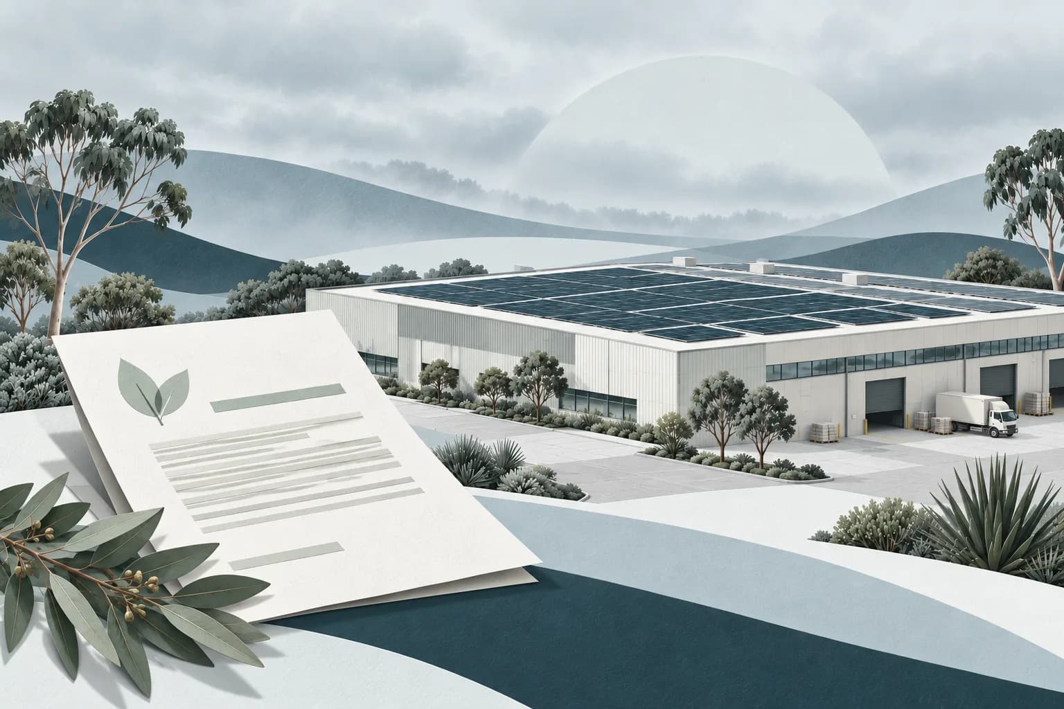 Illustration of commercial rooftop solar beside a project funding document.