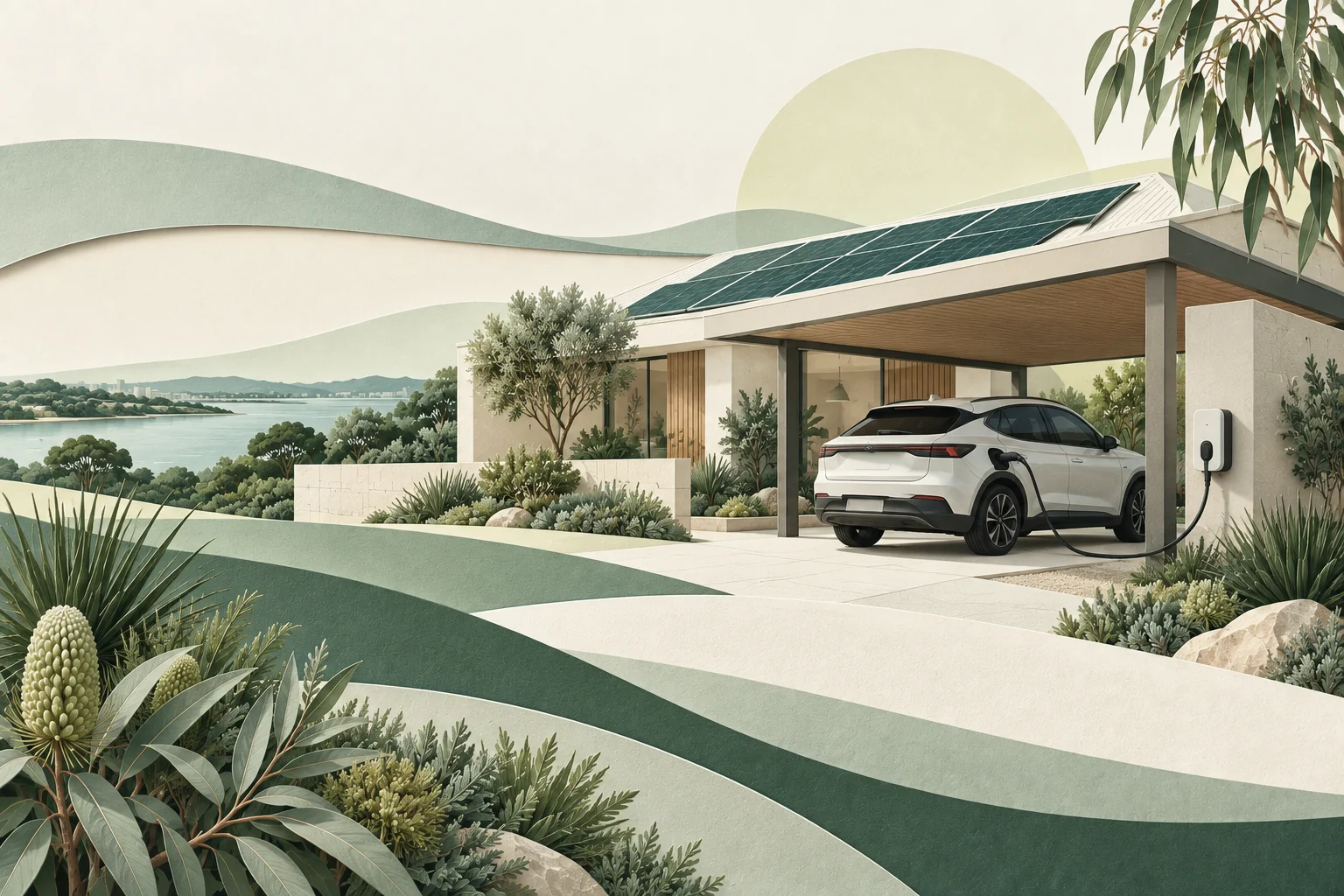 Illustration of a solar-powered home and electric car charging in the driveway.