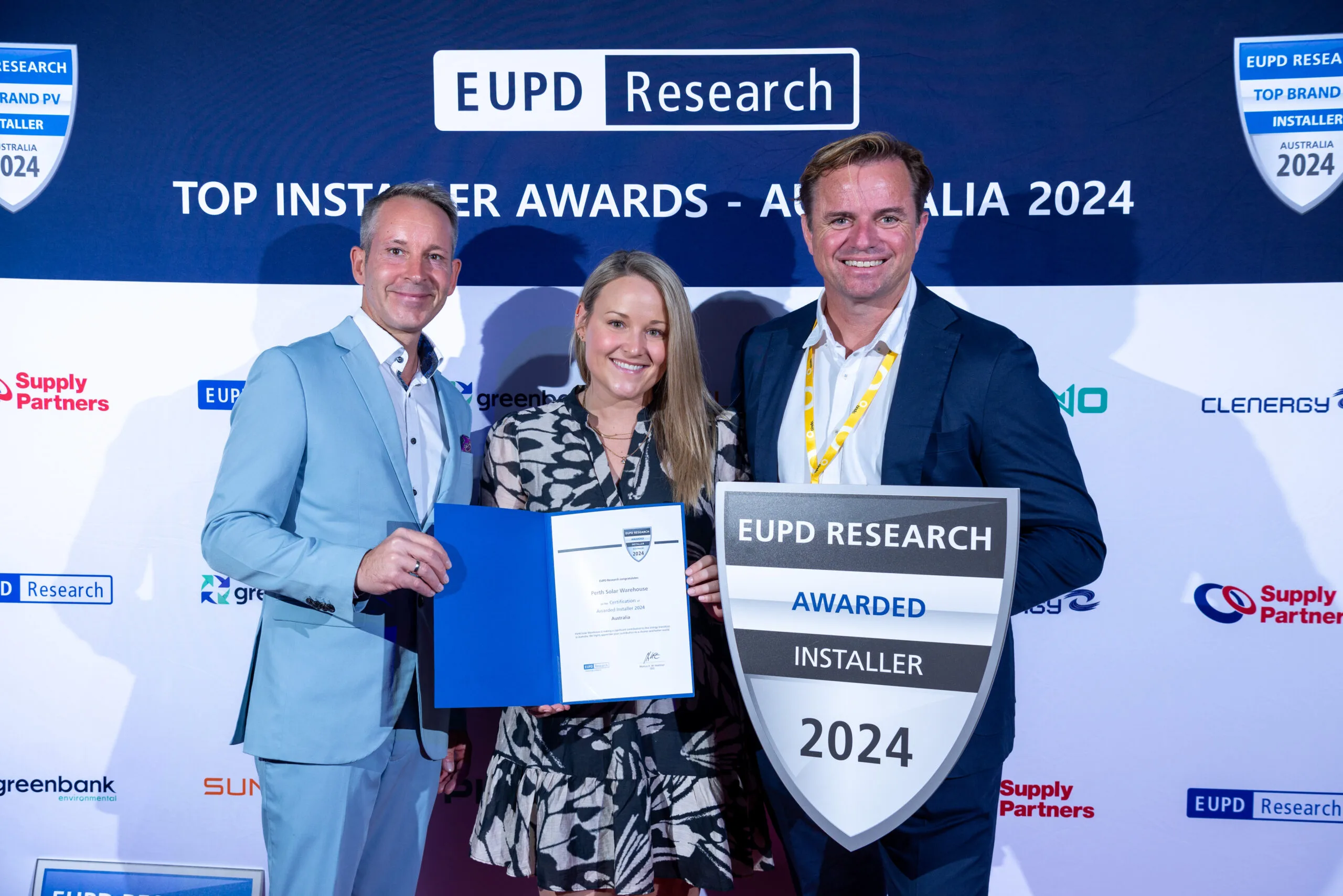 EUPD Research Installer Award 2024 ceremony presentation for PSW Energy pictured left to right: Daniel Fuchs (EUPD Research, Nicole Bilman (PSW Energy), Derek McKercher (PSW Energy).